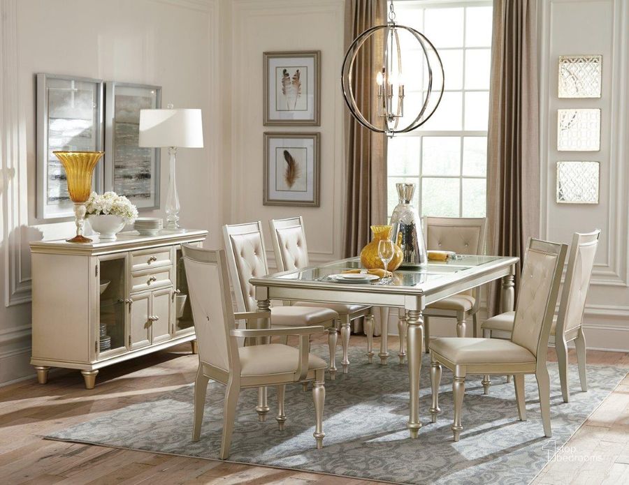 The appearance of Celandine Silver Extendable Dining Room Set designed by Homelegance in the transitional interior design. This silver piece of furniture  was selected by 1StopBedrooms from Celandine Collection to add a touch of cosiness and style into your home. Sku: 1928-78NG;1928S. Table Base Style: Legs. Material: Wood. Product Type: Dining Room Set. Table Top Shape: Rectangular. Image1