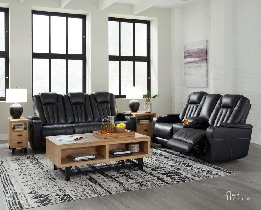 The appearance of Center Point Reclining Living Room Set With Drop Down Table In Black designed by Signature Design by Ashley in the modern / contemporary interior design. This black piece of furniture  was selected by 1StopBedrooms from Center Point Collection to add a touch of cosiness and style into your home. Sku: 2400489;2400494. Material: Fabric. Product Type: Living Room Set. Image1