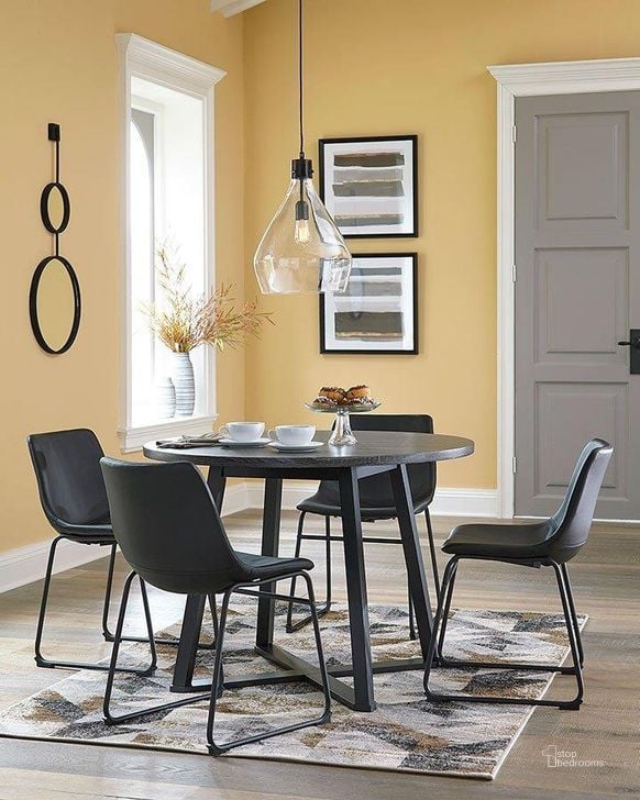 The appearance of Centiar Round Dining Room Set With Black Chairs designed by Signature Design by Ashley in the modern / contemporary interior design. This black piece of furniture  was selected by 1StopBedrooms from Centiar Collection to add a touch of cosiness and style into your home. Sku: D372-16;D372-06. Table Base Style: Trestle. Table Top Shape: Round. Product Type: Dining Room Set. Material: Melamine. Image1