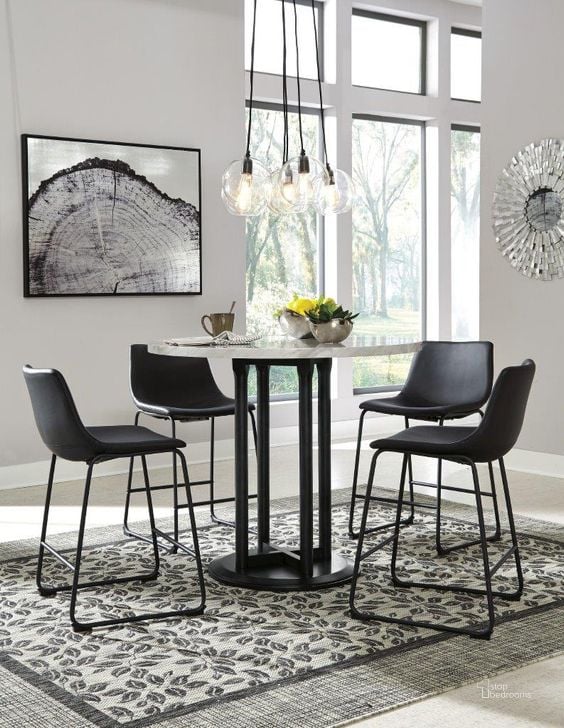 The appearance of Centiar Two Tone Counter Height Dining Room Set designed by Signature Design by Ashley in the transitional interior design. This two-tone piece of furniture  was selected by 1StopBedrooms from Centiar Collection to add a touch of cosiness and style into your home. Sku: D372-23;D372-624. Table Base Style: Trestle. Table Top Shape: Round. Material: Metal. Product Type: Dining Room Set. Image1