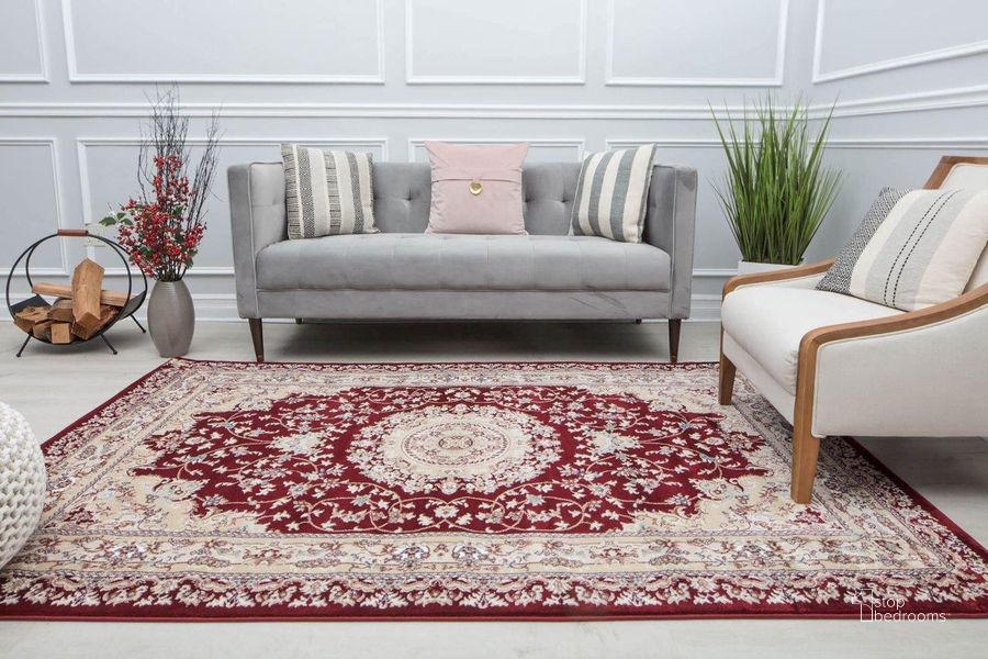 The appearance of Centurion CY30A Medallion Burgandy Transitional Vintage Red 5' x 5' Area Rug designed by Rugs America in the transitional interior design. This red and beige piece of furniture  was selected by 1StopBedrooms from Centurion Collection to add a touch of cosiness and style into your home. Sku: RA29324. Material: Polypropylene. Product Type: Area Rugs. Image1