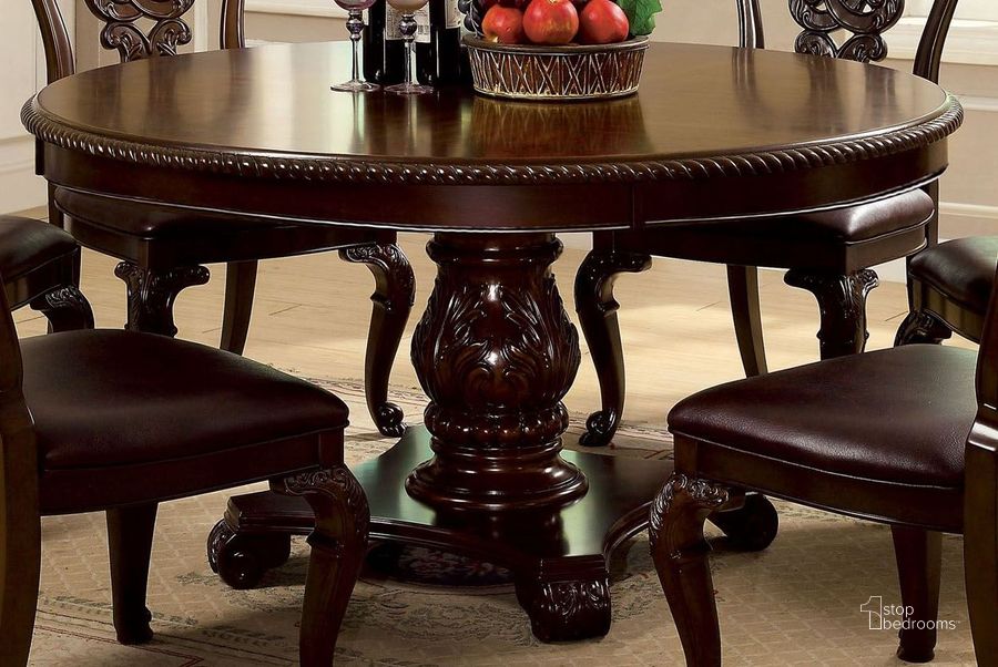 The appearance of Chaco Brown Pedestal Table 0qd2274021 designed by FineForm in the traditional interior design. This brown piece of furniture  was selected by 1StopBedrooms from Chaco Collection to add a touch of cosiness and style into your home. Sku: CM3319RT-T;CM3319RT-B. Table Top Shape: Round. Material: Wood. Product Type: Pedestal Table. Size: 60". Image1
