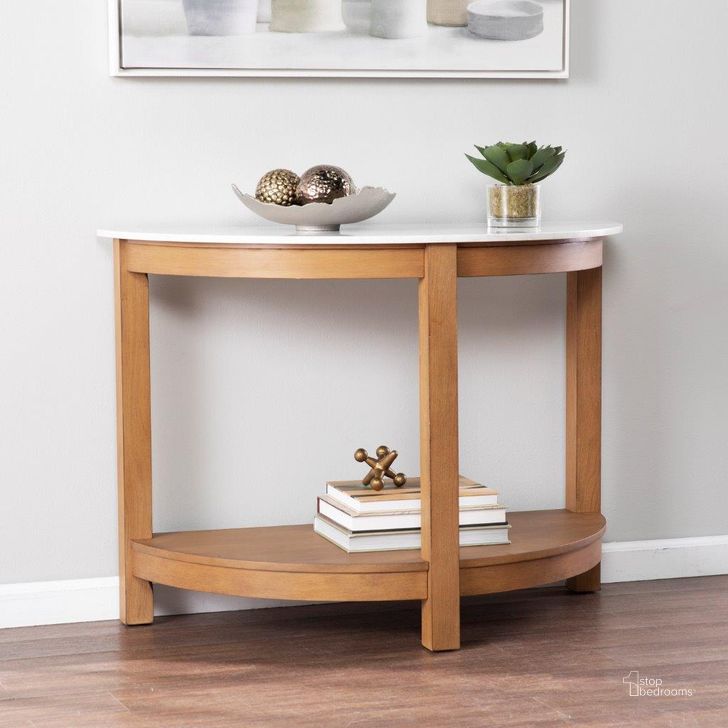 The appearance of Chandlen Demilune Console Table designed by SEI Furniture in the transitional interior design. This white and natural piece of furniture  was selected by 1StopBedrooms from Chandlen Collection to add a touch of cosiness and style into your home. Sku: CK1104803. Material: Wood. Product Type: Console Table. Image1