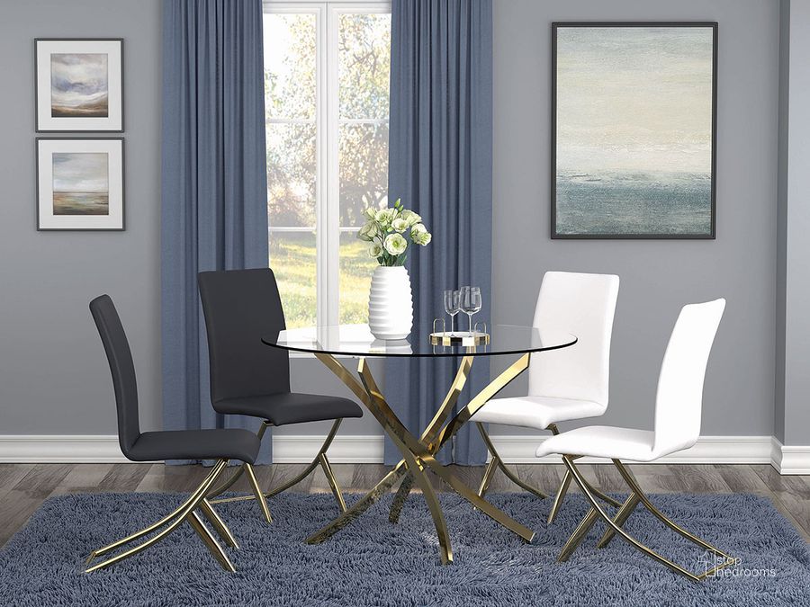 The appearance of Chanel Dining Room Set w/ Chair Choices designed by Coaster in the modern / contemporary interior design. This brass piece of furniture  was selected by 1StopBedrooms from Chanel Collection to add a touch of cosiness and style into your home. Sku: 108441B1;108441B2;105172B1;105172B2. Table Base Style: Trestle. Table Top Shape: Round. Product Type: Dining Room Set. Material: Stone. Image1