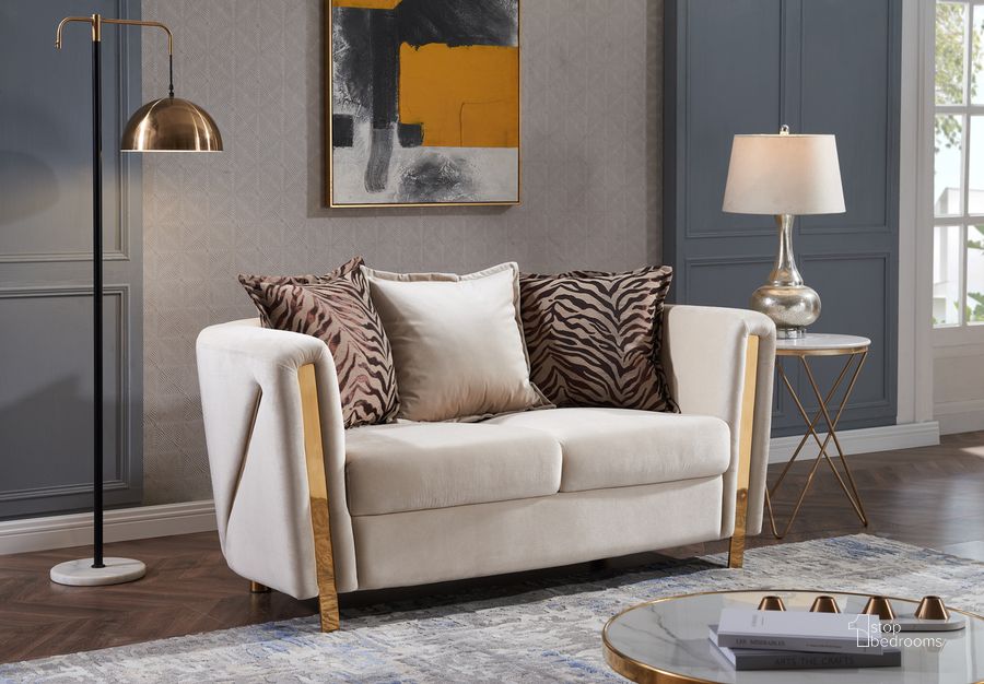The appearance of Chanelle Thick Velvet Fabric Upholstered Loveseat Made With Wood In Beige designed by Galaxy Home Furnishings in the modern / contemporary interior design. This beige piece of furniture  was selected by 1StopBedrooms from Chanelle Collection to add a touch of cosiness and style into your home. Sku: 601955550697. Material: Wood. Product Type: Loveseat. Image1