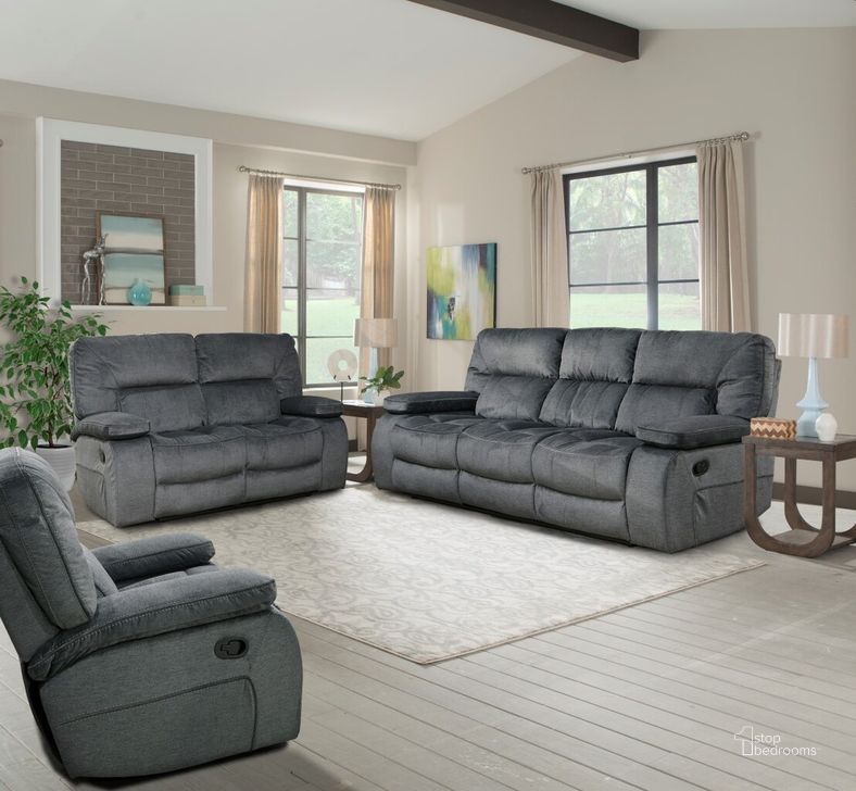 The appearance of Chapman Manual Reclining Sofa Loveseat and Recliner In Grey designed by Parker House in the modern / contemporary interior design. This gray piece of furniture  was selected by 1StopBedrooms from Chapman Collection to add a touch of cosiness and style into your home. Sku: MCHA#812G-POL;MCHA#822-POL;MCHA#833-POL. Material: Polyester. Product Type: Living Room Set. Image1