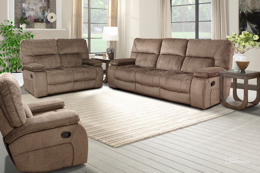 The appearance of Chapman Reclining Sofa Loveseat and Recliner In Brown designed by Parker House in the modern / contemporary interior design. This kona piece of furniture  was selected by 1StopBedrooms from Chapman Collection to add a touch of cosiness and style into your home. Sku: MCHA#812G-KON;MCHA#822-KON;MCHA#834-KON. Material: Polyester. Product Type: Living Room Set. Image1