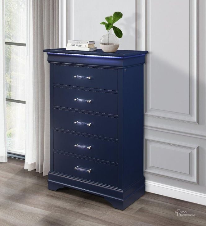 The appearance of Charlie Blue Chest designed by Global Furniture USA in the modern / contemporary interior design. This blue piece of furniture  was selected by 1StopBedrooms from Charlie Collection to add a touch of cosiness and style into your home. Sku: CHARLIE-BLUE-CH W/LED. Product Type: Chest. Material: Rubberwood. Image1