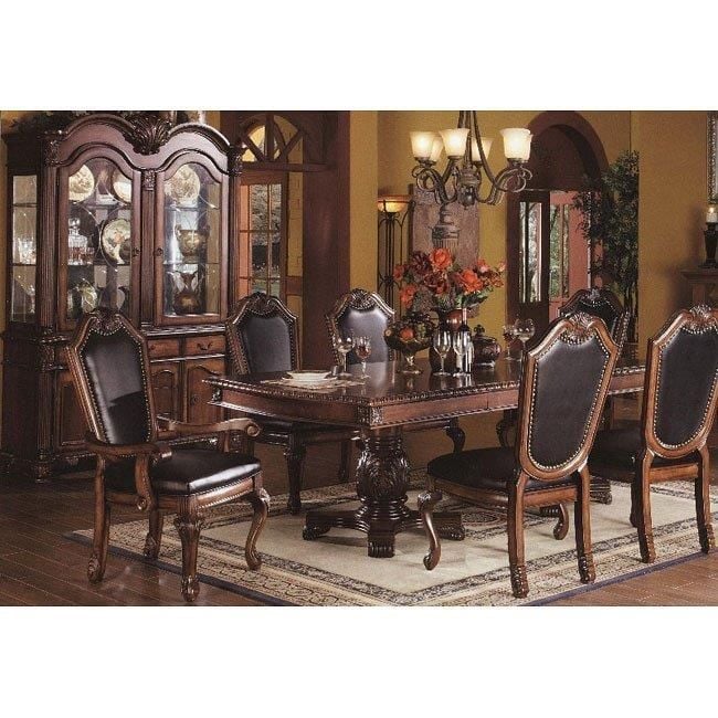 The appearance of Chateau De Ville Dining Room Set with Black Chairs designed by ACME in the transitional interior design. This cherry piece of furniture  was selected by 1StopBedrooms from Chateau De Ville Collection to add a touch of cosiness and style into your home. Sku: 04075T;04076ST;10038;10039. Material: Wood. Product Type: Dining Room Set. Table Top Shape: Rectangular. Table Top Style: Double Pedestal. Image1