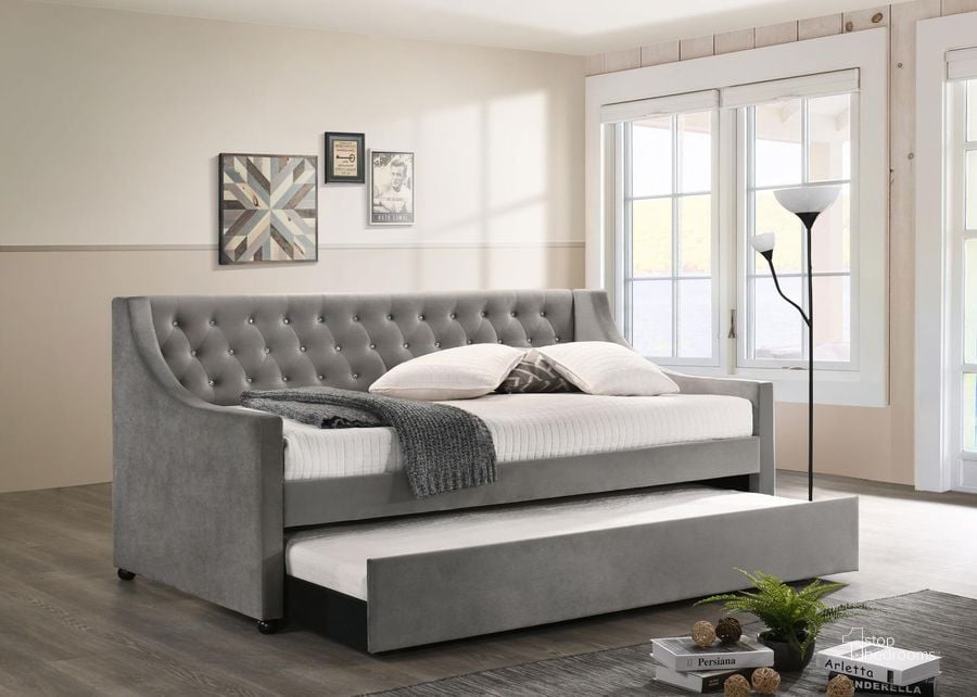The appearance of Chatsboro Silver Upholstered Daybed designed by Coaster in the transitional interior design. This gray piece of furniture  was selected by 1StopBedrooms from Chatsboro Collection to add a touch of cosiness and style into your home. Sku: 305883B1;305883B2. Bed Type: Daybed. Material: Wood. Product Type: DayBed. Bed Size: Twin. Image1