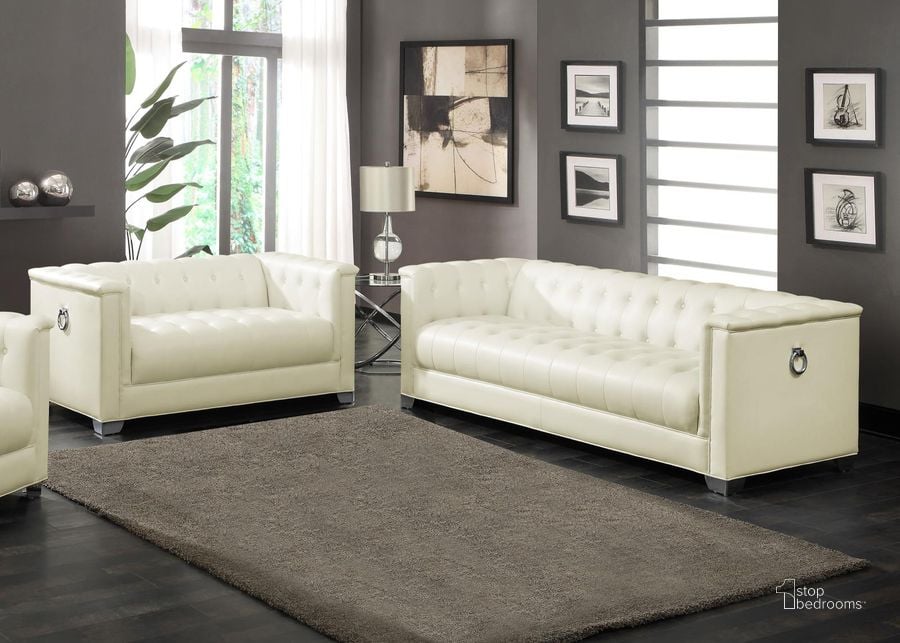 The appearance of Chaviano Pearl White Living Room Set designed by Coaster in the modern / contemporary interior design. This white piece of furniture  was selected by 1StopBedrooms from Chaviano Collection to add a touch of cosiness and style into your home. Sku: 505391;505392. Product Type: Living Room Set. Material: Vinyl. Key Features: Tufted. Image1