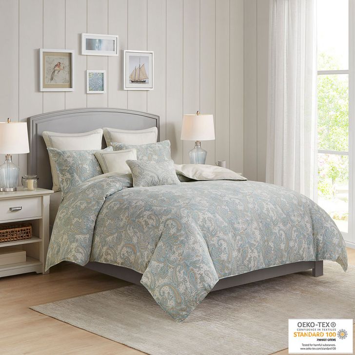 The appearance of Chelsea Cotton Printed King Duvet Mini Set In Blue designed by Olliix in the traditional interior design. This blue piece of furniture  was selected by 1StopBedrooms from Chelsea Collection to add a touch of cosiness and style into your home. Sku: HH12-249. Bed Size: King. Material: Cotton. Product Type: Duvet Set. Image1
