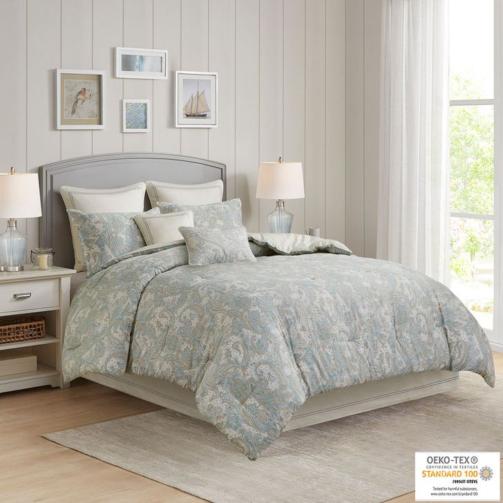 The appearance of Chelsea Cotton Sateen King Comforter Set In Blue designed by Olliix in the traditional interior design. This blue piece of furniture  was selected by 1StopBedrooms from Chelsea Collection to add a touch of cosiness and style into your home. Sku: HH10-495. Material: Polyester. Bed Size: King. Product Type: Comforter Set. Image1