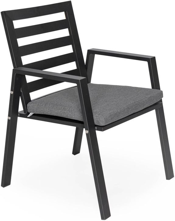 The appearance of Chelsea Patio Dining Armchair with Removable Cushions In Black designed by LeisureMod in the modern / contemporary interior design. This black piece of furniture  was selected by 1StopBedrooms from Chelsea Collection to add a touch of cosiness and style into your home. Sku: CC20BL-BL. Material: Aluminum. Product Type: Outdoor Dining Chair. Image1