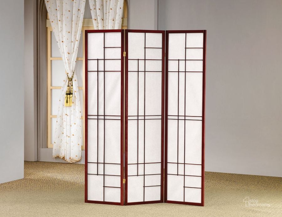 The appearance of Cherry Folding Screen designed by Coaster in the transitional interior design. This brown piece of furniture  was selected by 1StopBedrooms from Aristocrat Collection to add a touch of cosiness and style into your home. Sku: 900110. Material: Wood. Product Type: Room Divider. Image1