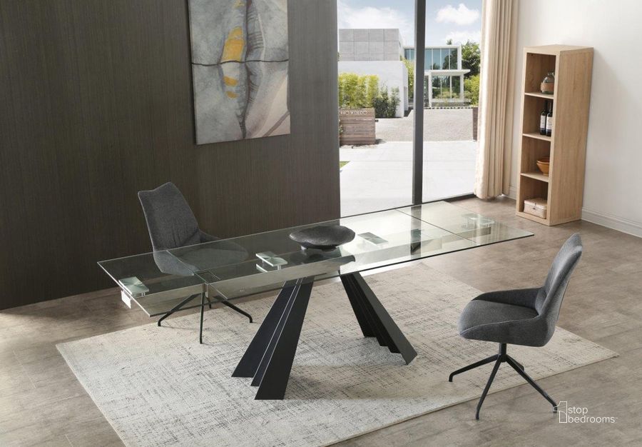 The appearance of Chicago Extendable Dining Table With 10Mm Tempered Clear Glass Top designed by Whiteline Modern Living in the modern / contemporary interior design. This black piece of furniture  was selected by 1StopBedrooms from Chicago Collection to add a touch of cosiness and style into your home. Sku: DT1717-BLK. Table Base Style: Double Pedestal. Material: Metal. Product Type: Dining Table. Table Top Shape: Rectangular. Size: 95". Image1