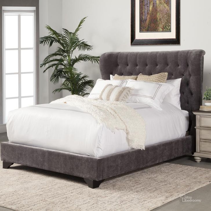 The appearance of Chloe French Gray King Upholstered Panel Bed designed by Parker House in the transitional interior design. This gray piece of furniture  was selected by 1StopBedrooms from Chloe Collection to add a touch of cosiness and style into your home. Sku: BCHL#9000HB-FRE;BCHL#9020FBR-FRE. Bed Type: Panel Bed. Product Type: Panel Bed. Image1