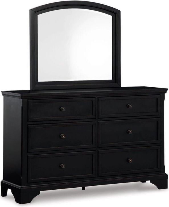 The appearance of Chylanta Dresser and Mirror In Black designed by Signature Design by Ashley in the traditional interior design. This black piece of furniture  was selected by 1StopBedrooms from Chylanta Collection to add a touch of cosiness and style into your home. Sku: B739-31;B739-36. Material: Wood. Product Type: Dresser and Mirror. Image1