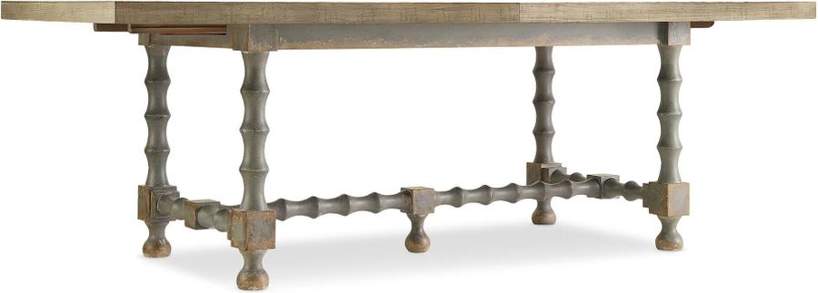 The appearance of Ciao Bella 84in Trestle Table w/ 2-18in Leaves-Natural/Gray designed by Hooker in the transitional interior design. This gray piece of furniture  was selected by 1StopBedrooms from Ciaobella Collection to add a touch of cosiness and style into your home. Sku: 5805-75200B-95;5805-75200T-85. Table Base Style: Trestle. Product Type: Dining Table. Table Top Shape: Rectangular. Material: Pine. Size: 84". Image1