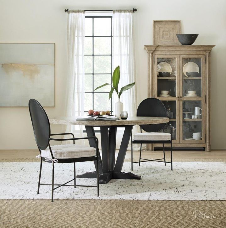 The appearance of Ciao Bella Black 60 Inch Round Dining Room Set designed by Hooker in the transitional interior design. This dark brown piece of furniture  was selected by 1StopBedrooms from Ciaobella Collection to add a touch of cosiness and style into your home. Sku: 5805-75203B-99;5805-75203T-80;5805-75311-96. Table Base Style: Trestle. Table Top Shape: Round. Material: Wood. Product Type: Dining Room Set. Image1