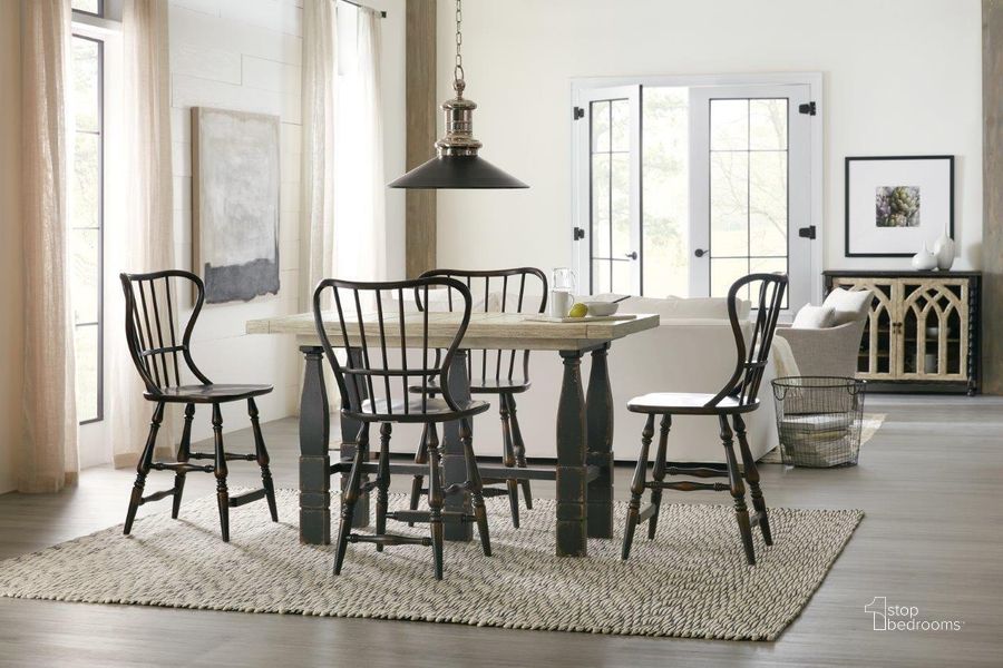 The appearance of Ciao Bella Black Extandable Counter Height Dining Room Set designed by Hooker in the transitional interior design. This black piece of furniture  was selected by 1StopBedrooms from Ciaobella Collection to add a touch of cosiness and style into your home. Sku: 5805-75206-80;5805-75351-96. Table Base Style: Trestle. Product Type: Dining Room Set. Table Top Shape: Rectangular. Material: Pine. Size: 60". Image1