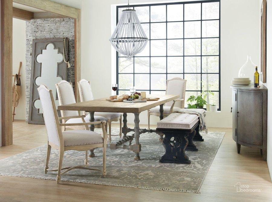The appearance of Ciao Bella Gray 84 Inch Extendable Dining Room Set designed by Hooker in the transitional interior design. This gray piece of furniture  was selected by 1StopBedrooms from Ciaobella Collection to add a touch of cosiness and style into your home. Sku: 5805-75200B-95;5805-75200T-85;5805-75310-85. Table Base Style: Trestle. Product Type: Dining Room Set. Table Top Shape: Rectangular. Material: Pine. Image1