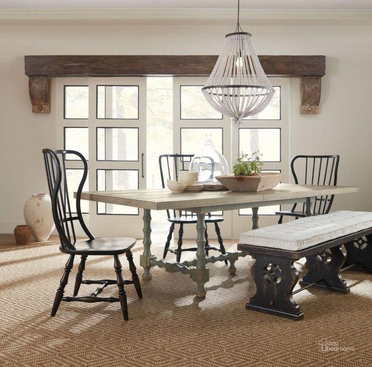 The appearance of Ciao Bella Gray 84 Inch Trestle Extendable Dining Room Set designed by Hooker in the transitional interior design. This gray piece of furniture  was selected by 1StopBedrooms from Ciaobella Collection to add a touch of cosiness and style into your home. Sku: 5805-75200B-95;5805-75200T-85;5805-75351-99. Table Base Style: Trestle. Product Type: Dining Room Set. Table Top Shape: Rectangular. Material: Pine. Size: 84". Image1