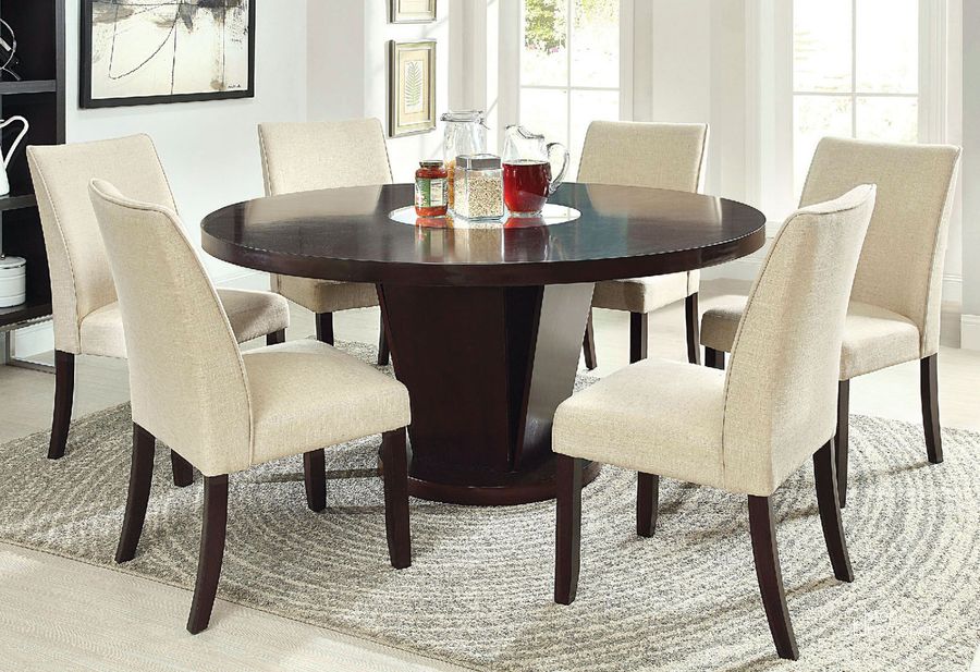 The appearance of Cimma Round Dining Table In Espresso designed by Furniture of America in the modern / contemporary interior design. This espresso piece of furniture  was selected by 1StopBedrooms from Cimma Collection to add a touch of cosiness and style into your home. Sku: CM3556T-T;CM3556T-B. Table Base Style: Pedestal. Table Top Shape: Round. Material: Wood. Product Type: Dining Table. Size: 60". Image1