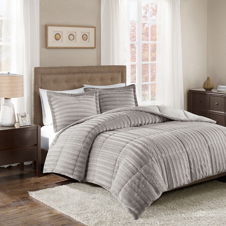 The appearance of Cirque Polyester Solid Brushed Faux Fur Queen Comforter Mini Set In Grey designed by Olliix in the glam interior design. This grey piece of furniture  was selected by 1StopBedrooms from Duke Collection to add a touch of cosiness and style into your home. Sku: MP10-3070. Material: Polyester. Bed Size: Queen. Product Type: Comforter Set. Image1