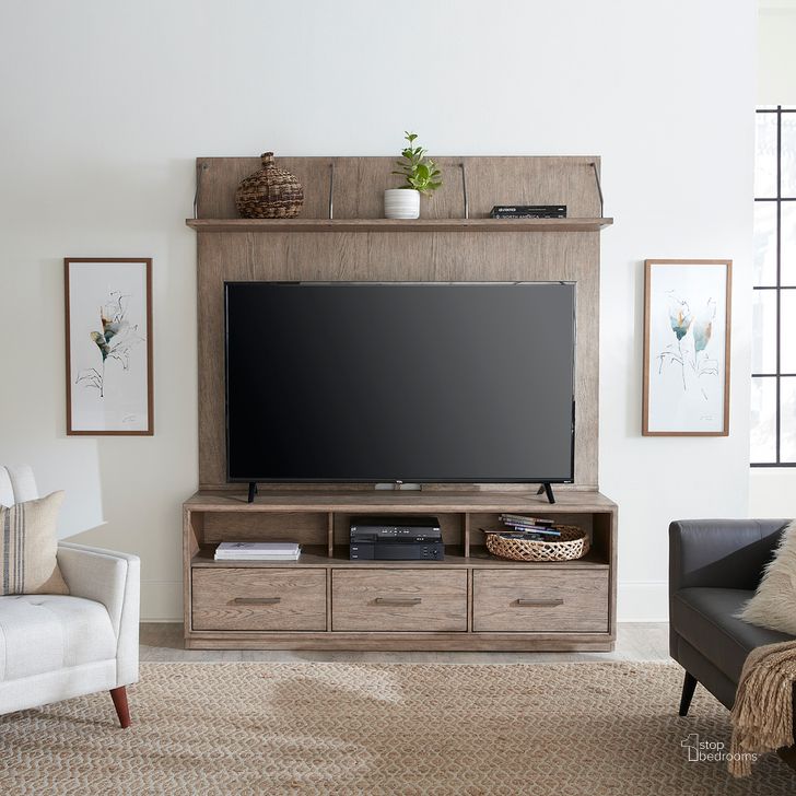 The appearance of City Scape Entertainment Center In Burnished Beige designed by Liberty in the modern / contemporary interior design. This beige piece of furniture  was selected by 1StopBedrooms from City Scape Collection to add a touch of cosiness and style into your home. Sku: 421-ED70;421-TV70. Product Type: Entertainment Center. Material: Rubberwood. Image1