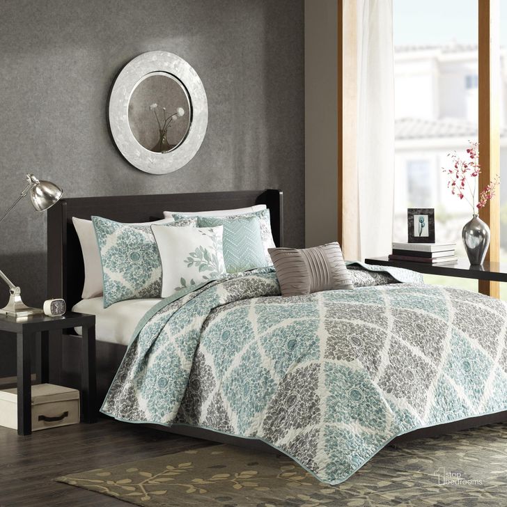 The appearance of Claire Polyester Microfiber Printed Quilted 6Pcs King Coverlet Set In Aqua designed by Olliix in the transitional interior design. This aqua piece of furniture  was selected by 1StopBedrooms from Claire Collection to add a touch of cosiness and style into your home. Sku: MP13-1421. Material: Polyester. Bed Size: King. Product Type: Coverlet Set. Image1