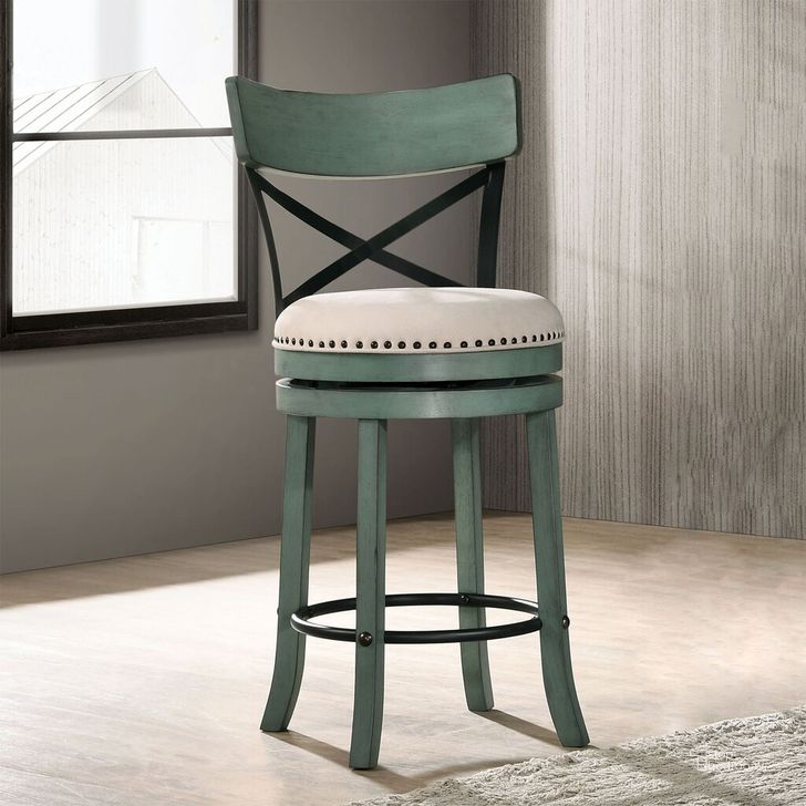The appearance of Clarence 24 Inch Swivel Barstool In Antique Green designed by Furniture of America in the transitional interior design. This antique green piece of furniture  was selected by 1StopBedrooms from Clarence Collection to add a touch of cosiness and style into your home. Sku: CM-BR1855GR-24-2PK. Material: Wood. Product Type: Barstool.