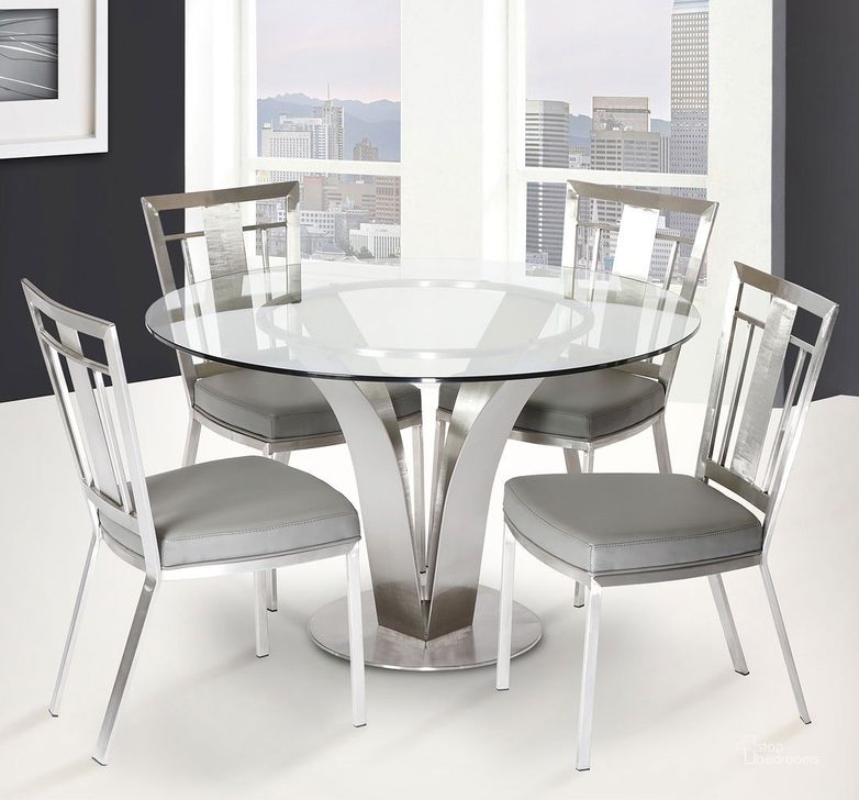 The appearance of Cleo Clear Glass Dining Room Set designed by Armen Living in the modern / contemporary interior design. This silver piece of furniture  was selected by 1StopBedrooms from Cleo Collection to add a touch of cosiness and style into your home. Sku: LCCLDIB201TO;LCCLDIB201BA;LCCLCHGRB201. Table Base Style: Pedestal. Product Type: Dining Room Set. Material: Stainless Steel. Size: 48". Image1