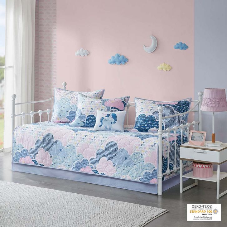 The appearance of Cloud Cotton Printed 6Pcs Daybed Set In Blue designed by Olliix in the transitional interior design. This blue piece of furniture  was selected by 1StopBedrooms from Cloud Collection to add a touch of cosiness and style into your home. Sku: UHK13-0084. Material: Polyester. Product Type: Comforter Set. Image1