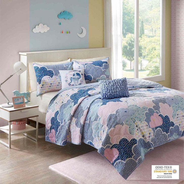 The appearance of Cloud Cotton Printed Twin Coverlet Set In Blue designed by Olliix in the transitional interior design. This blue piece of furniture  was selected by 1StopBedrooms from Cloud Collection to add a touch of cosiness and style into your home. Sku: UHK13-0019. Material: Polyester. Bed Size: Twin. Product Type: Coverlet Set. Image1