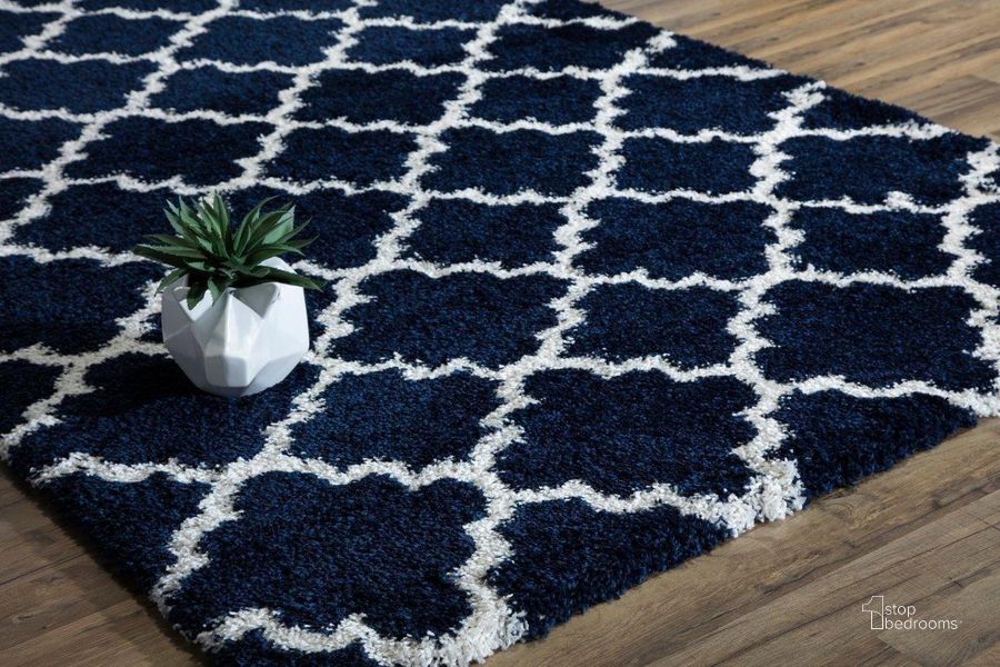 The appearance of Cloud Shag FH100D Navy Ivory Quatrefoil Geometric Contemporary Navy 8' x 10' Area Rug designed by Rugs America in the modern / contemporary interior design. This navy piece of furniture  was selected by 1StopBedrooms from Cloud Shag Collection to add a touch of cosiness and style into your home. Sku: RA26339. Material: Polypropylene. Product Type: Area Rugs. Image1