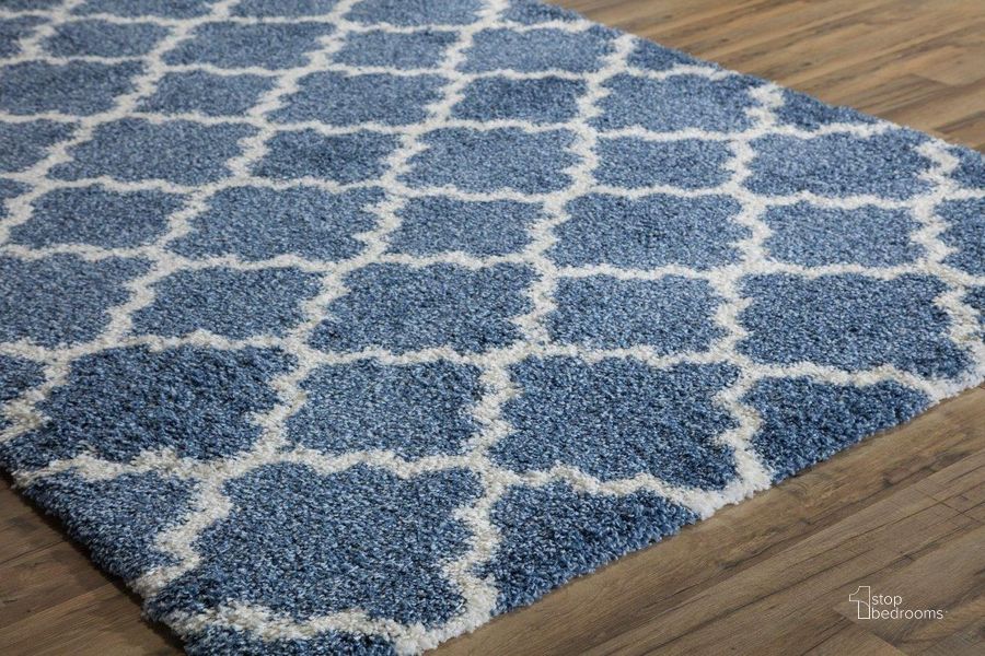 The appearance of Cloud Shag FH100F Light Blue Ivory Quatrefoil Geometric Contemporary Blue 5' x 8' Area Rug designed by Rugs America in the modern / contemporary interior design. This light blue piece of furniture  was selected by 1StopBedrooms from Cloud Shag Collection to add a touch of cosiness and style into your home. Sku: RA26346. Material: Polypropylene. Product Type: Area Rugs. Image1