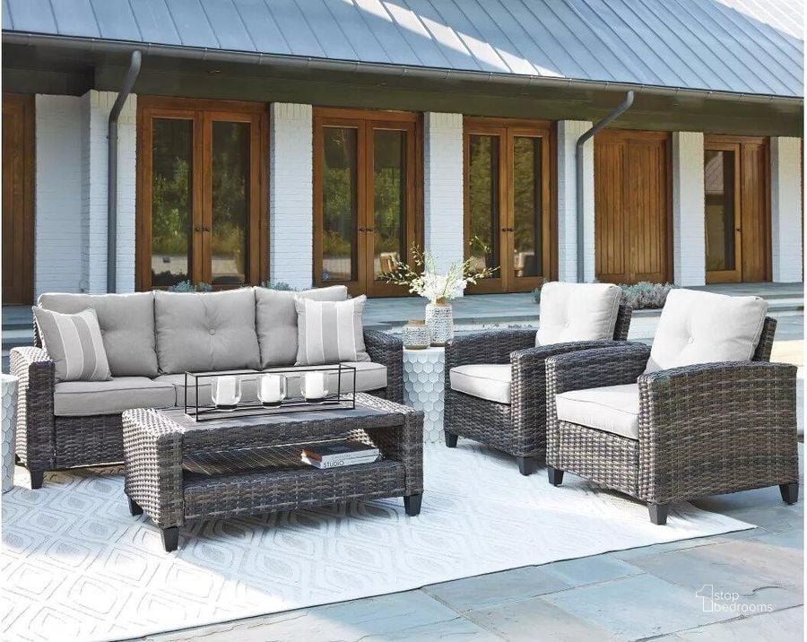 The appearance of Cloverbrooke Gray Outdoor Conversation Set designed by Signature Design by Ashley in the transitional interior design. This gray piece of furniture  was selected by 1StopBedrooms from Cloverbrooke Collection to add a touch of cosiness and style into your home. Sku: P334-081. Product Type: Outdoor Conversation Set. Image1