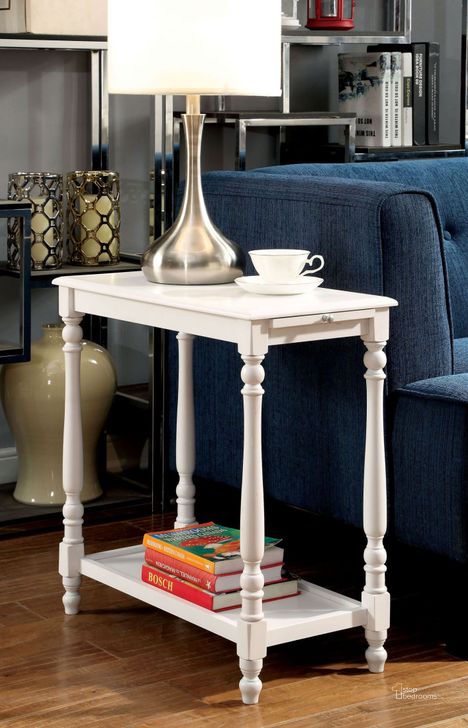 The appearance of Deering White Side Table designed by Furniture of America in the transitional interior design. This white piece of furniture  was selected by 1StopBedrooms from Deering Collection to add a touch of cosiness and style into your home. Sku: CM-AC222. Material: Wood. Product Type: Side Table. Table Top Shape: Rectangular. Image1