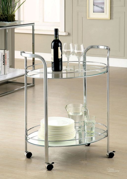 The appearance of Loule Chrome Serving Cart designed by Furniture of America in the modern / contemporary interior design. This chrome piece of furniture  was selected by 1StopBedrooms from Loule Collection to add a touch of cosiness and style into your home. Sku: CM-AC228. Product Type: Serving Cart. Material: Chrome.