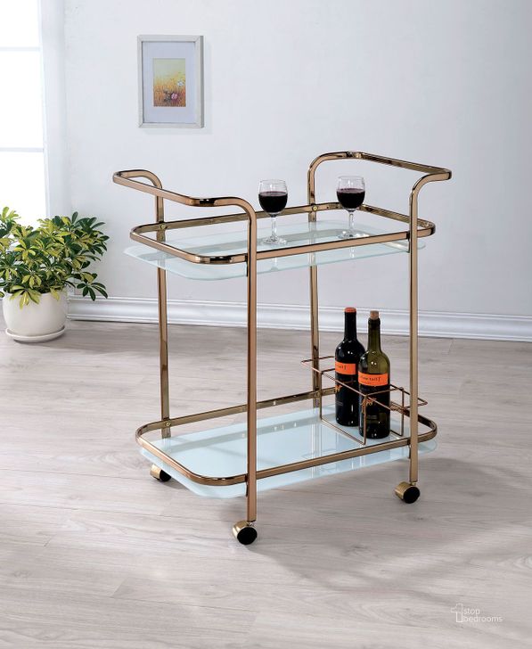 The appearance of Tiana Champagne Serving Cart designed by Furniture of America in the modern / contemporary interior design. This gold piece of furniture  was selected by 1StopBedrooms from Tiana Collection to add a touch of cosiness and style into your home. Sku: CM-AC235. Material: Metal. Product Type: Serving Cart.