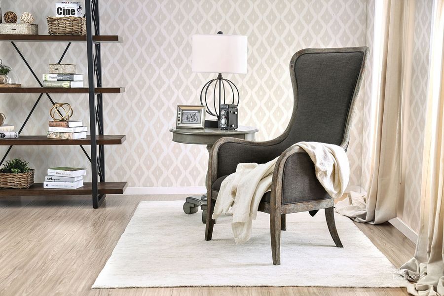 The appearance of Charlottestown Gray Accent Chair designed by Furniture of America in the transitional interior design. This gray piece of furniture  was selected by 1StopBedrooms from Charlottestown Collection to add a touch of cosiness and style into your home. Sku: CM-AC6078. Material: Fabric. Product Type: Accent Chair. Image1