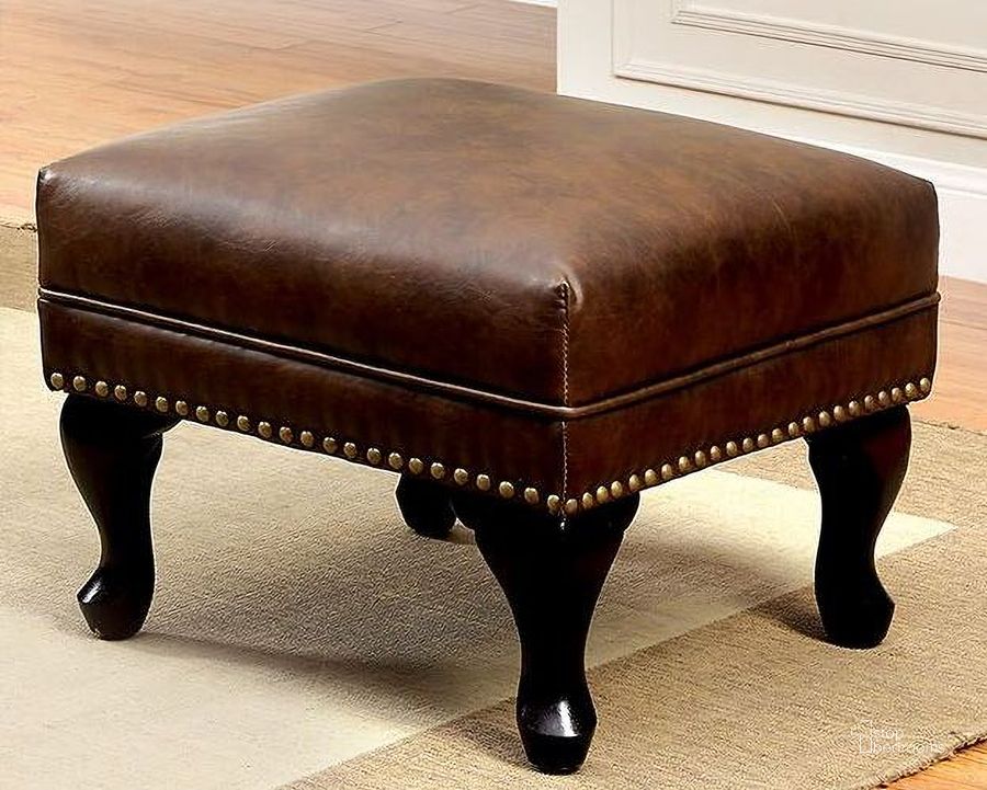 The appearance of Vaugh Rustic Brown Ottoman designed by Furniture of America in the modern / contemporary interior design. This brown piece of furniture  was selected by 1StopBedrooms from Vaugh Collection to add a touch of cosiness and style into your home. Sku: CM-AC6801BR-OT. Material: Leather. Product Type: Ottoman. Image1
