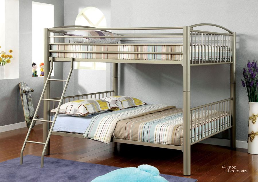 The appearance of Lovia Full Over Full Metal Bunk Bed designed by Furniture of America in the modern / contemporary interior design. This silver piece of furniture  was selected by 1StopBedrooms from Lovia Collection to add a touch of cosiness and style into your home. Sku: CM-BK1037F. Bed Type: Bunk Bed. Material: Metal. Product Type: Bunk Bed. Bed Size: Full Over Full. Image1