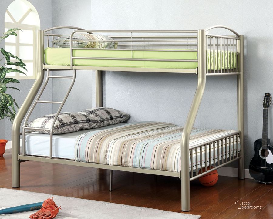 The appearance of Lovia Twin Over Full Metal Bunk Bed designed by Furniture of America in the modern / contemporary interior design. This silver piece of furniture  was selected by 1StopBedrooms from Lovia Collection to add a touch of cosiness and style into your home. Sku: CM-BK1037TF. Bed Type: Bunk Bed. Material: Metal. Product Type: Bunk Bed. Bed Size: Twin Over Full.