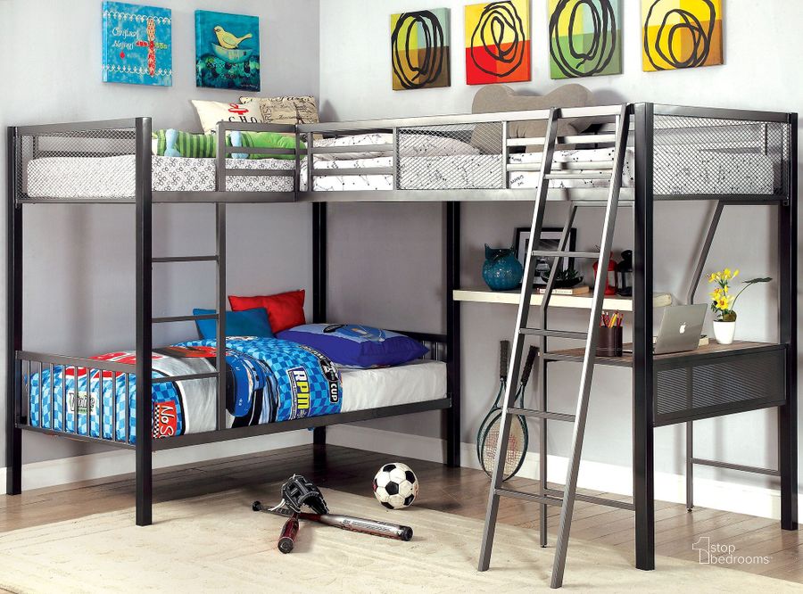 The appearance of Ballarat Gray and Silver L-Shaped Triple Twin Bunk Bed With Desk designed by Furniture of America in the modern / contemporary interior design. This gray piece of furniture  was selected by 1StopBedrooms from Ballarat Collection to add a touch of cosiness and style into your home. Sku: CM-BK1049. Bed Type: Bunk Bed. Material: Metal. Product Type: Bunk Bed. Bed Size: Twin Over Twin. Image1