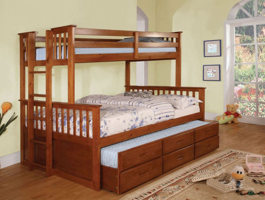 The appearance of University I Oak Twin Over Full Bunk Bed designed by Furniture of America in the transitional interior design. This oak piece of furniture  was selected by 1StopBedrooms from University Collection to add a touch of cosiness and style into your home. Sku: CM-BK458F-OAK-1;CM-BK458F-OAK-2. Bed Type: Bunk Bed. Material: Wood. Product Type: Bunk Bed. Bed Size: Twin Over Full.