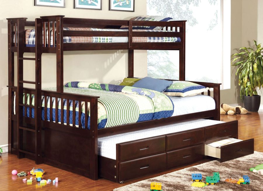 The appearance of University Espresso Extra Long Twin Over Queen Bunk Bed designed by Furniture of America in the transitional interior design. This espresso piece of furniture  was selected by 1StopBedrooms from University Collection to add a touch of cosiness and style into your home. Sku: CM-BK458Q-EXP-1;CM-BK458Q-EXP-2. Bed Type: Bunk Bed. Material: Wood. Product Type: Bunk Bed. Bed Size: Twin Over Queen.