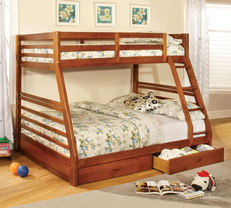 The appearance of California III Oak 2 Drawer Twin Over Full Bunk Bed designed by Furniture of America in the transitional interior design. This oak piece of furniture  was selected by 1StopBedrooms from California Collection to add a touch of cosiness and style into your home. Sku: CM-BK588A-1;CM-BK588A-2. Bed Type: Bunk Bed. Material: Wood. Product Type: Bunk Bed. Bed Size: Twin Over Full.