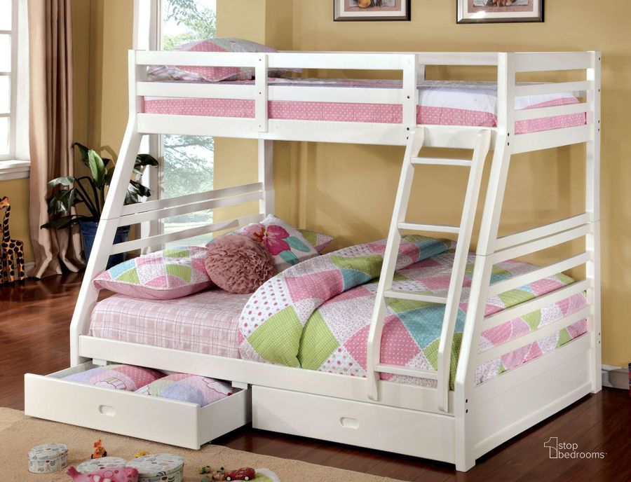 The appearance of California III White 2 Drawer Twin Over Full Bunk Bed designed by Furniture of America in the transitional interior design. This white piece of furniture  was selected by 1StopBedrooms from California Collection to add a touch of cosiness and style into your home. Sku: CM-BK588WH-1;CM-BK588WH-2. Bed Type: Bunk Bed. Product Type: Bunk Bed. Bed Size: Twin Over Full.